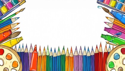 frame postcard back hand paints etc cute school white artist tubes illustration background bright watercolor s design palettes drawn tools brushes b pencils border to crayons isolated colourful