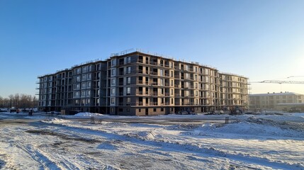 New apartment building under construction in winter.