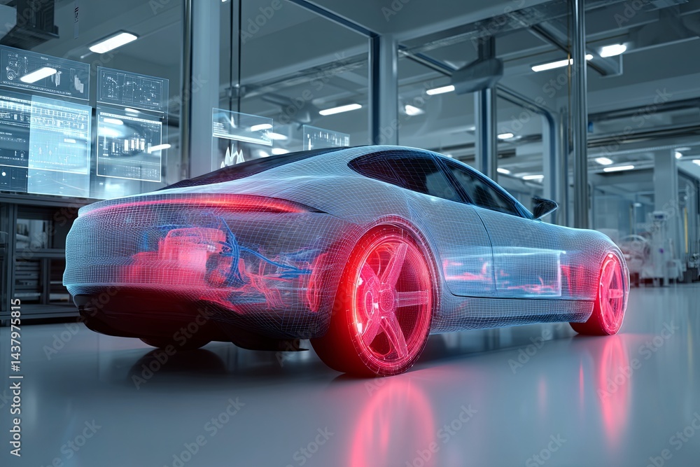 Poster futuristic technology visualization of an electric car in development with interactive data graphics