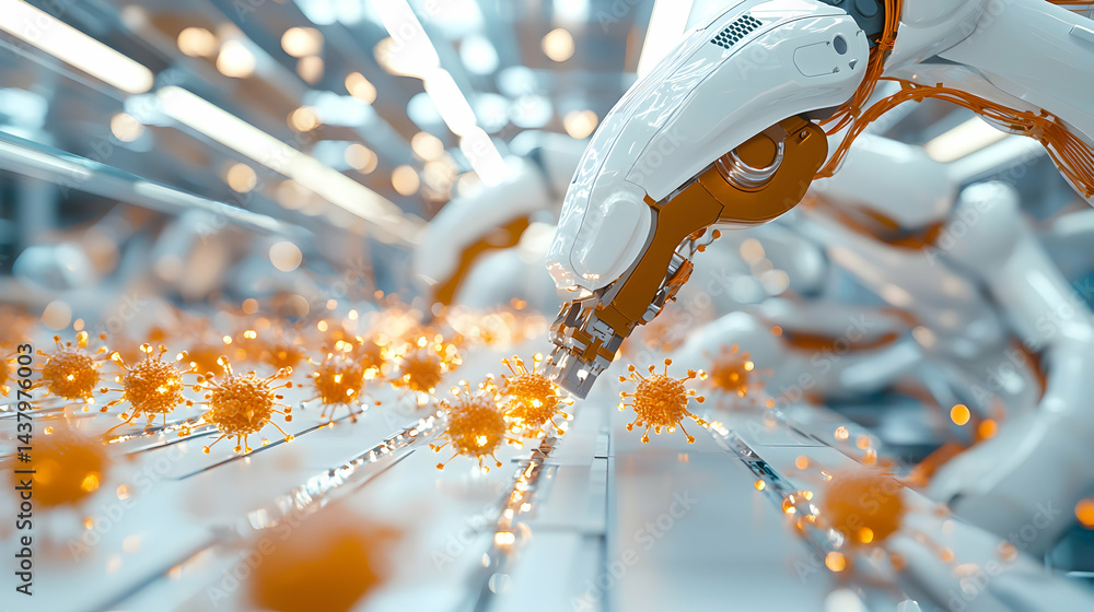 Poster an ai robot arm interacts with virus particles in a lab setting. application: virus research or medi
