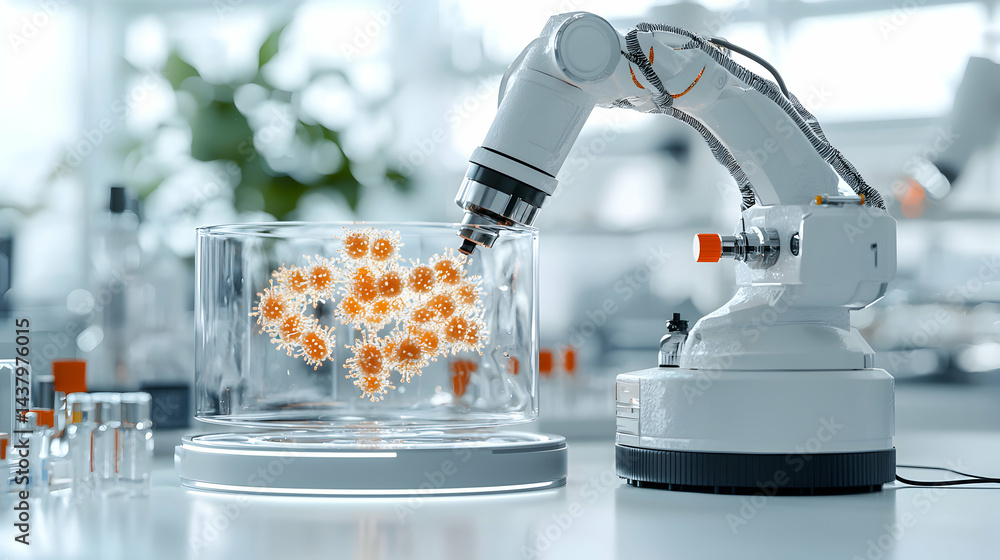 Poster a robotic arm examines virus particles in a laboratory setting. potential application for automated 