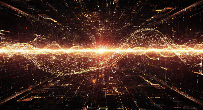 A fluid, digital wave of binary code flowing through a virtual space, representing the constant flow of information.