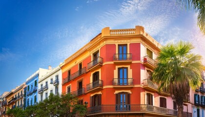 traditional spanish balcony and colorful facades in poble espanyol barcelona a vibrant corner showcasing colorful mediterranean facades traditional wooden balconies and palm trees