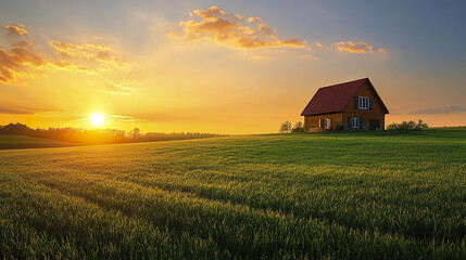 serene house resting at edge of bright green field under beautiful sunset