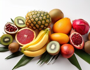 colorful exotic fruits arranged beautifully on white background