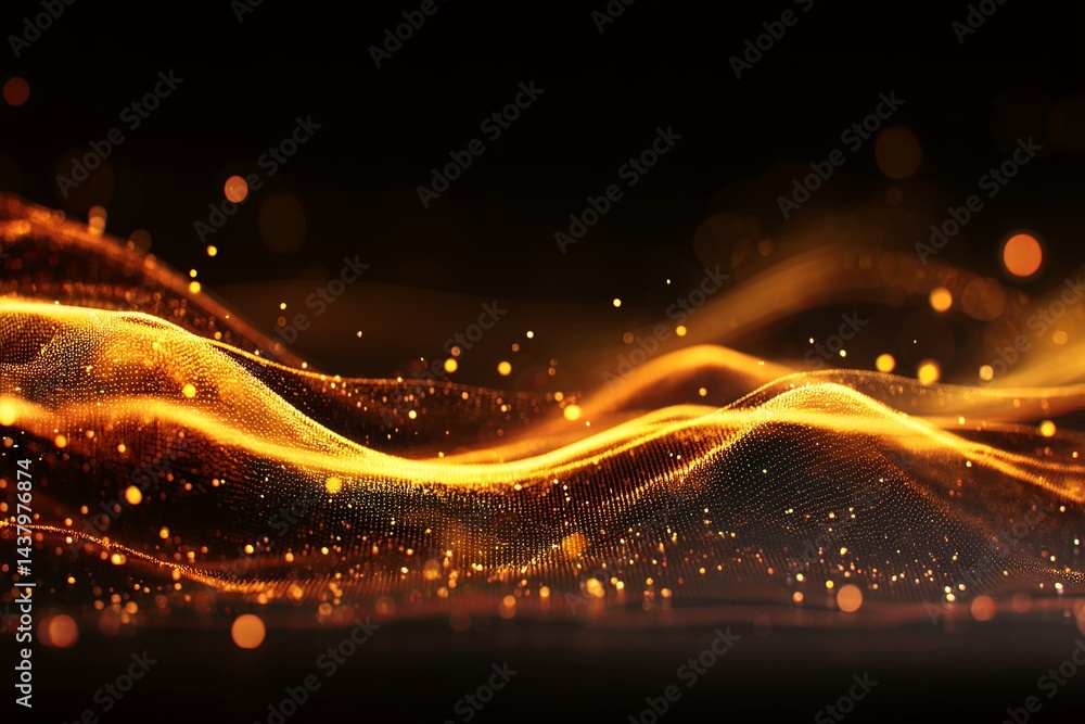 Poster abstract flowing waves with glowing particles in dark background, representing technology, data visu