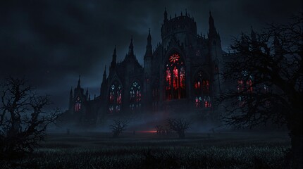 Fototapeta premium Night landscape a huge gothic castle with stained glass windows, from which a blood-red light flows