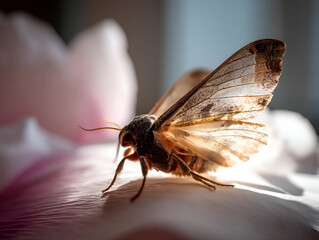 A moth perched on the soft surface of a flower petal, wings open to show intricate details. The sunlight gently highlights the delicate structure of the moths wings.