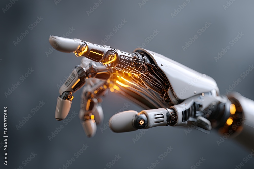Poster futuristic interaction between human hand and robotic hand depicting artificial intelligence progres