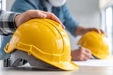 Construction professional placing yellow hard hats on a table, bright setting, teamwork focus, safety in industry.