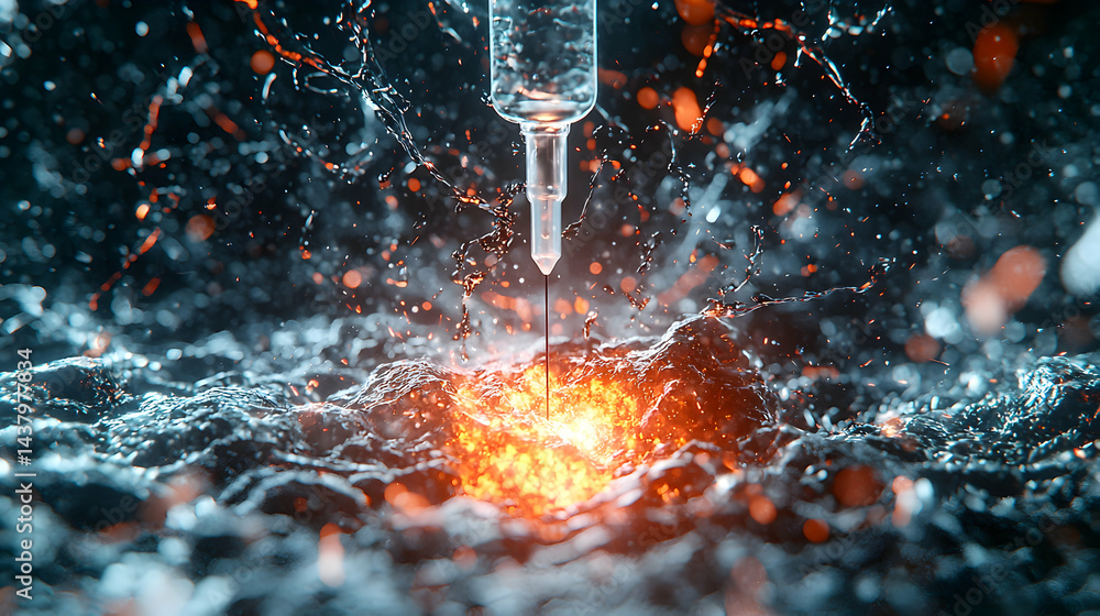 Poster abstract image of a pipette injecting into fiery substance. suggests scientific experiment or medica