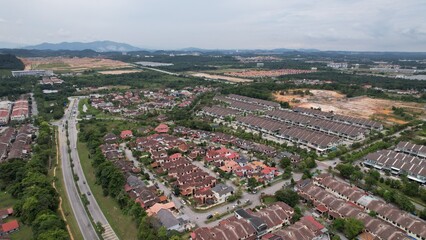 Aerial shot of housing district in Sepang near the International F1 Circuit in Selangor and KLIA airport, Malaysia