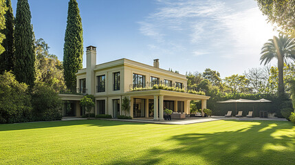 Luxurious beige house with spacious lawn and elegant landscaping, exuding tranquility