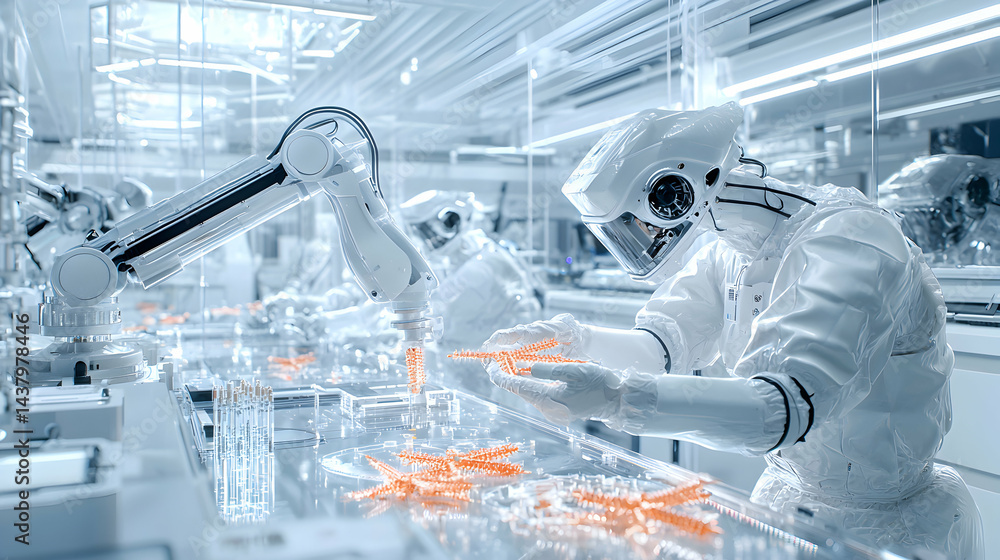 Poster an advanced laboratory with robotic arms and workers in protective suits. suitable for futuristic sc