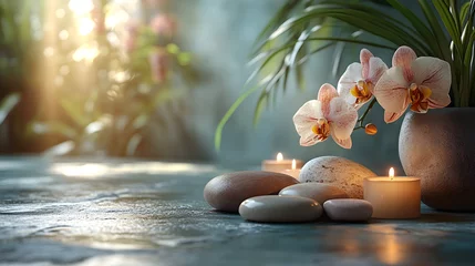 A tranquil spa scene with natural lighting, warm candles, smooth stones, and orchid flowers arranged in a balanced composition for product placement or wellness concepts