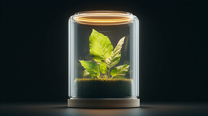 A modern terrarium showcasing a vibrant plant within a glass enclosure. This could be a stylish decor element for homes or offices. It represents a mini-ecosystem.