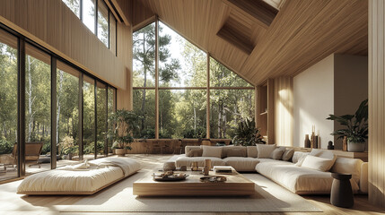 Fototapeta premium spacious living room with vaulted wooden ceiling, large windows, and serene view of nature