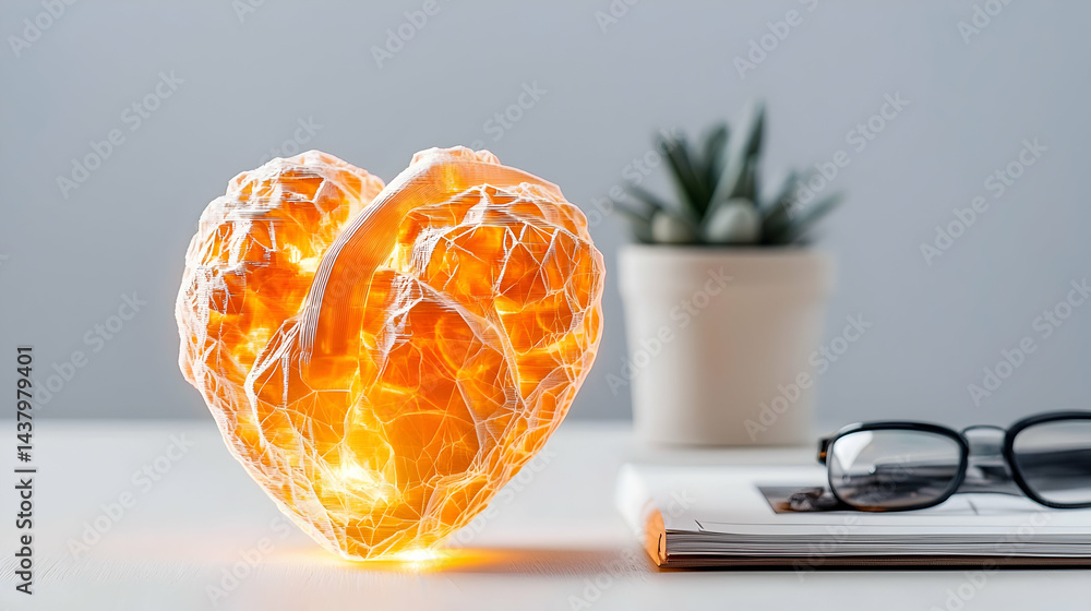 Poster a glowing heart-shaped object rests on a white surface. it is a visualization of heart health or emo