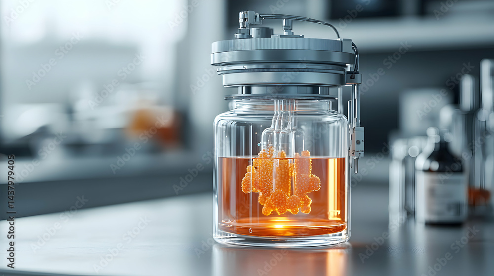 Poster a laboratory flask shows a detailed view of biological processes. it could be used to illustrate sci