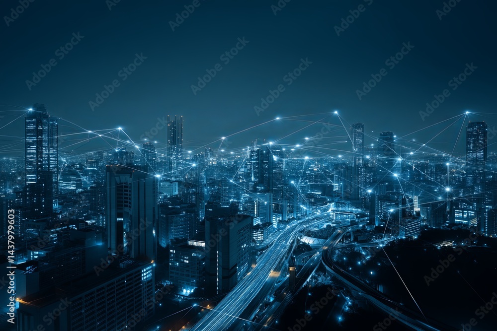 Poster futuristic cityscape at night with digital connection points displaying modern technology and urban 