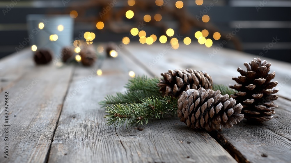 Aufkleber a rustic wooden tabletop features scattered pinecones and evergreen sprigs, illuminated by glowing f