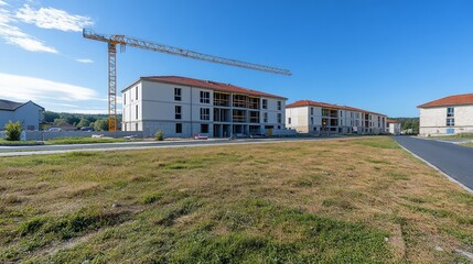 New residential buildings under construction, crane visible, sunny day.