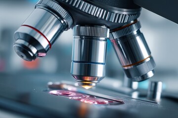 Close-Up of Microscope with Focus on Objective Lenses, Laboratory Equipment for Scientific Research, Bright Background in Medical Environment