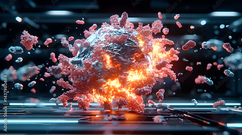 Poster an artistic depiction of a virus cell. the image showcases a complex structure with vibrant colors a