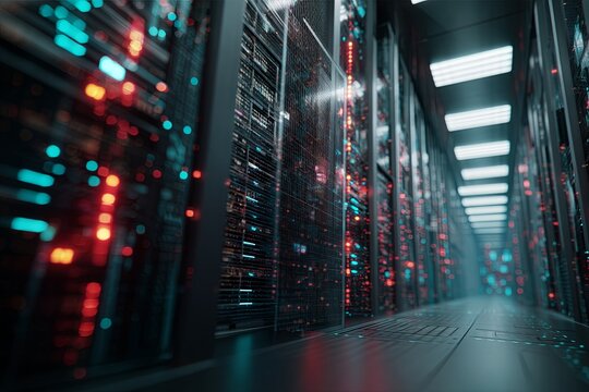 Futuristic Data Center with Advanced Technology and Network Connections, Digital Display with Bright Lights and Information Flowing Through Servers