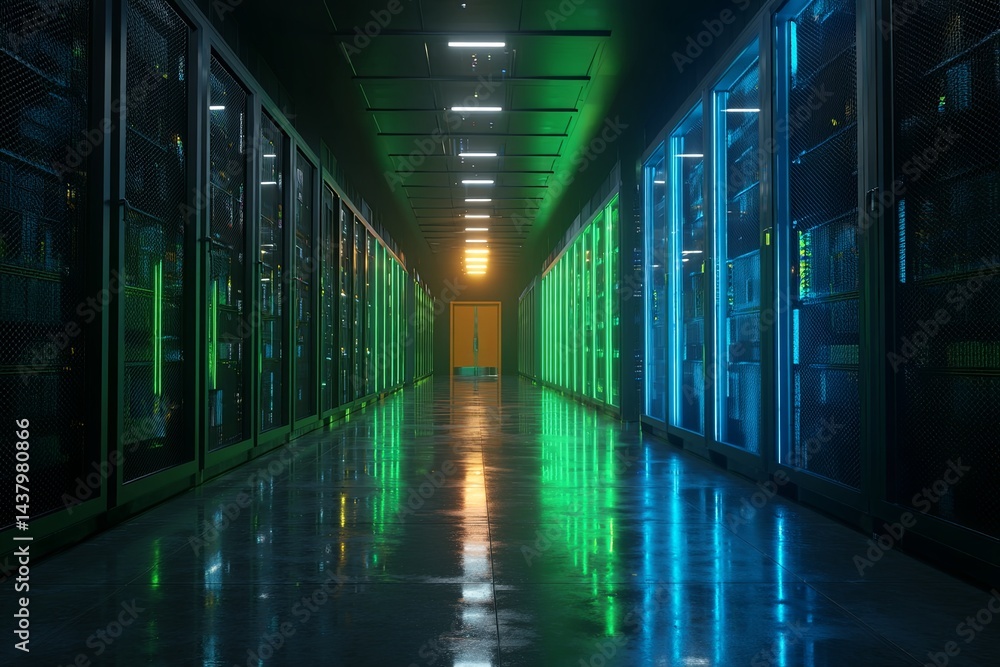 Poster dark server room with rows of network racks highlighted by blue and green led lights and a door at t