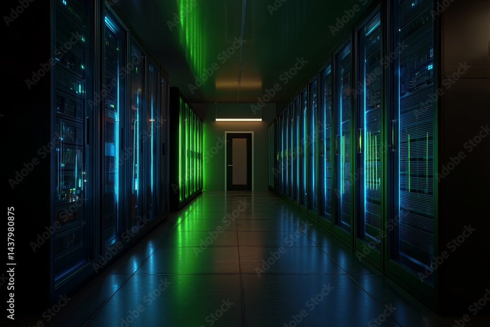 Poster dark server room with rows of network racks highlighted by blue and green led lights and a door at t