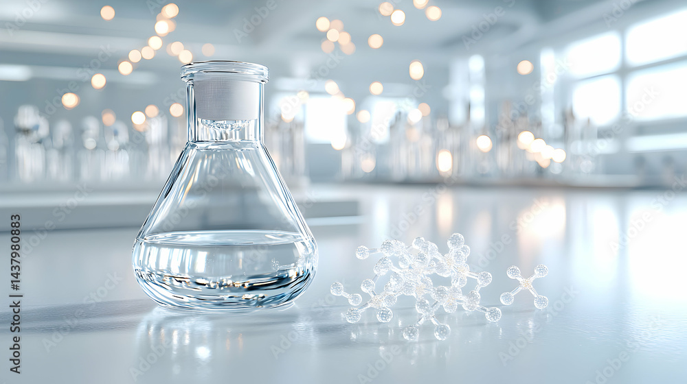 Poster a laboratory flask filled with clear liquid alongside a molecular structure in a clinical setting. e