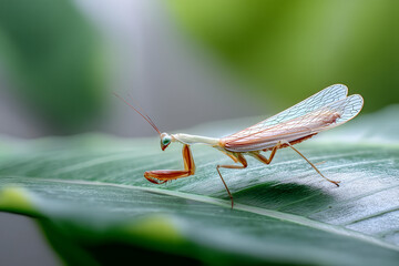 A Praying Mantis moving slowly across the surface of a large leaf, its body perfectly aligned with the veins of the leaf. The light catches its delicate, transparent wings.