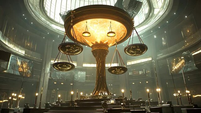 Golden scales, grand hall, futuristic justice