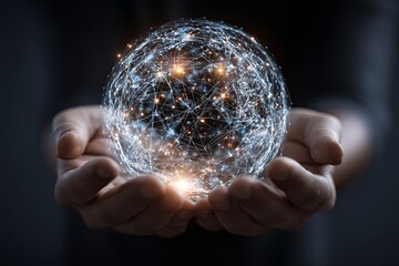 Abstract digital concept of hands holding a glowing sphere, representing technology, innovation, and connectivity in a modern digital world