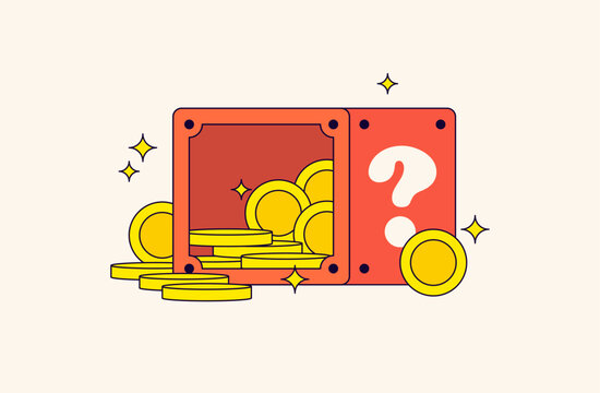 Open treasure box filled with sparkling gold coins and a mystery box beside it. Perfect for concepts like reward, wealth, gaming, surprise, and treasure hunting cartoon illustration hand drawn