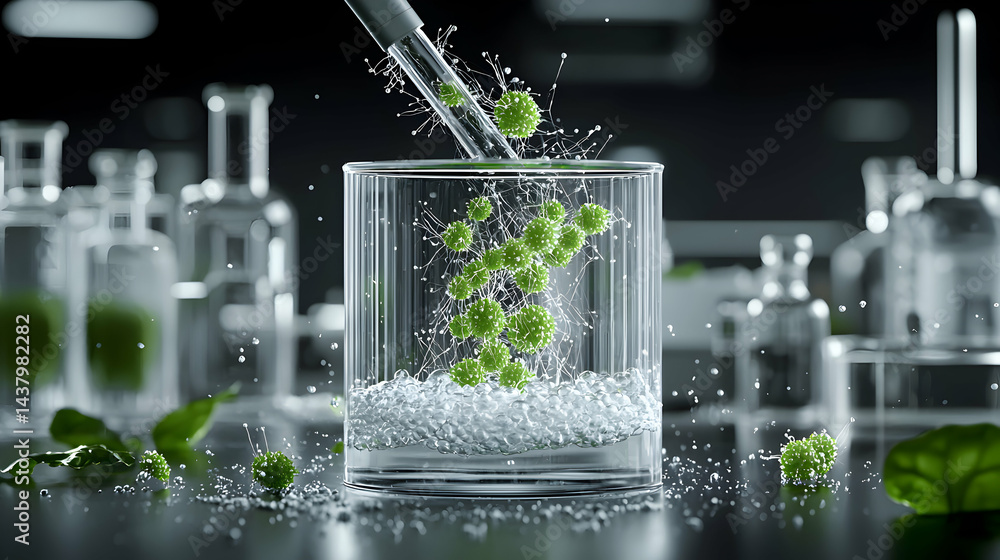 Aufkleber a scientific image depicts a pipette adding green spherical objects into a glass container. suggests