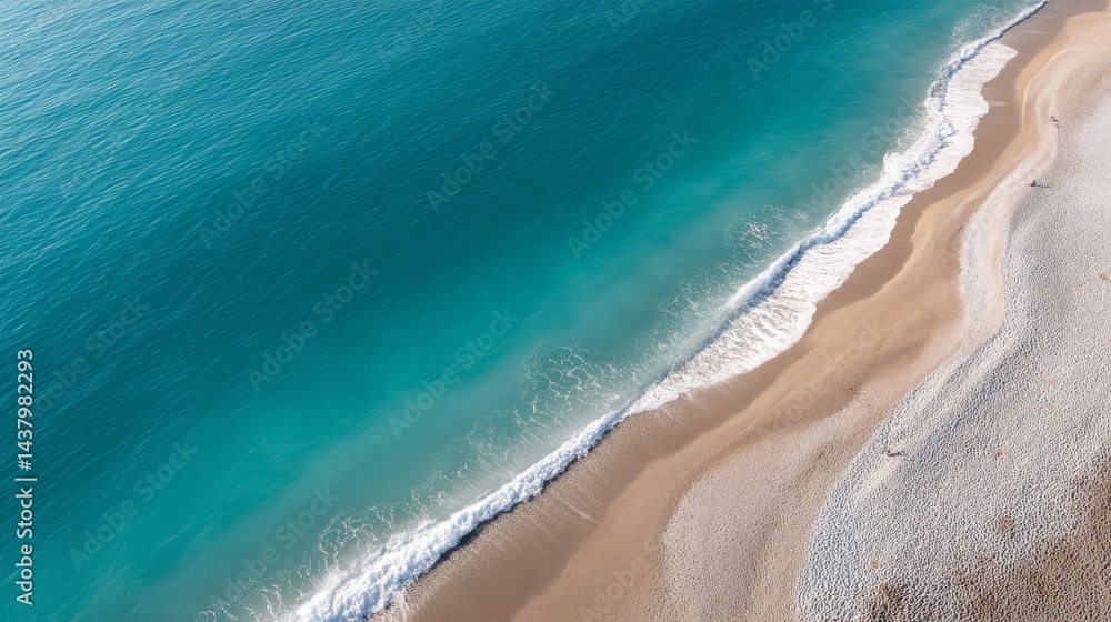 Poster turquoise waves gently lap at soft sand along a winding shoreline, creating a tranquil coastal envir