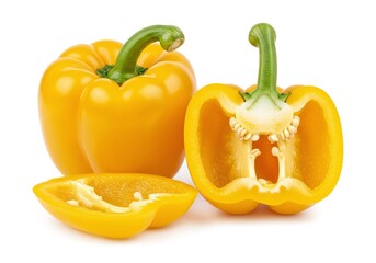 Yellow bell pepper whole and cut open showing seeds isolated on white background