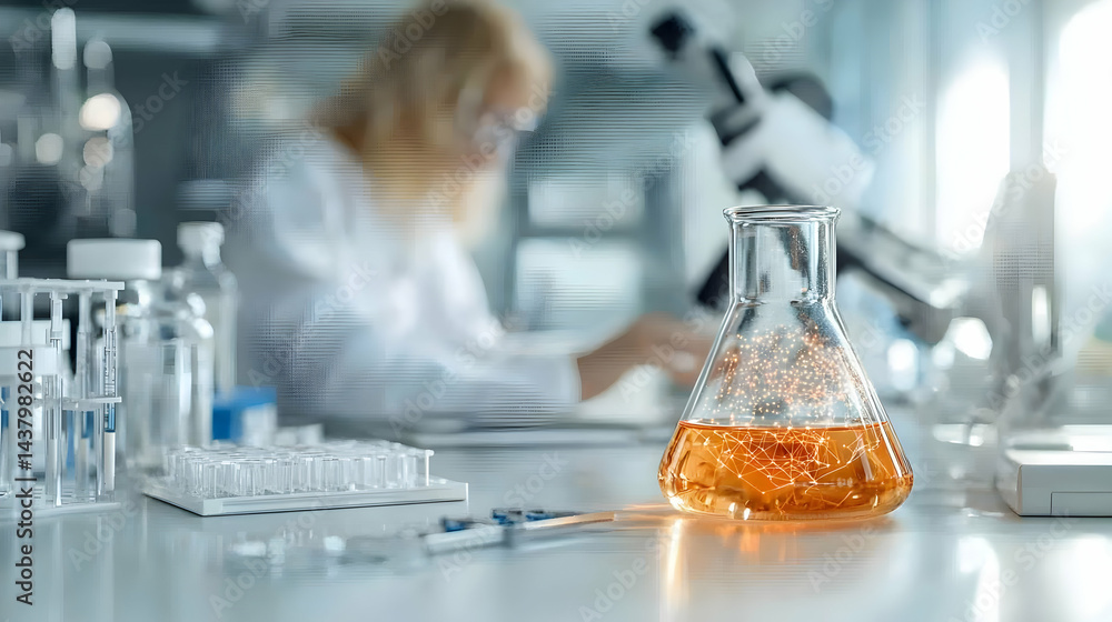 Poster a scientist is working in a laboratory environment. a flask containing a golden liquid is the primar