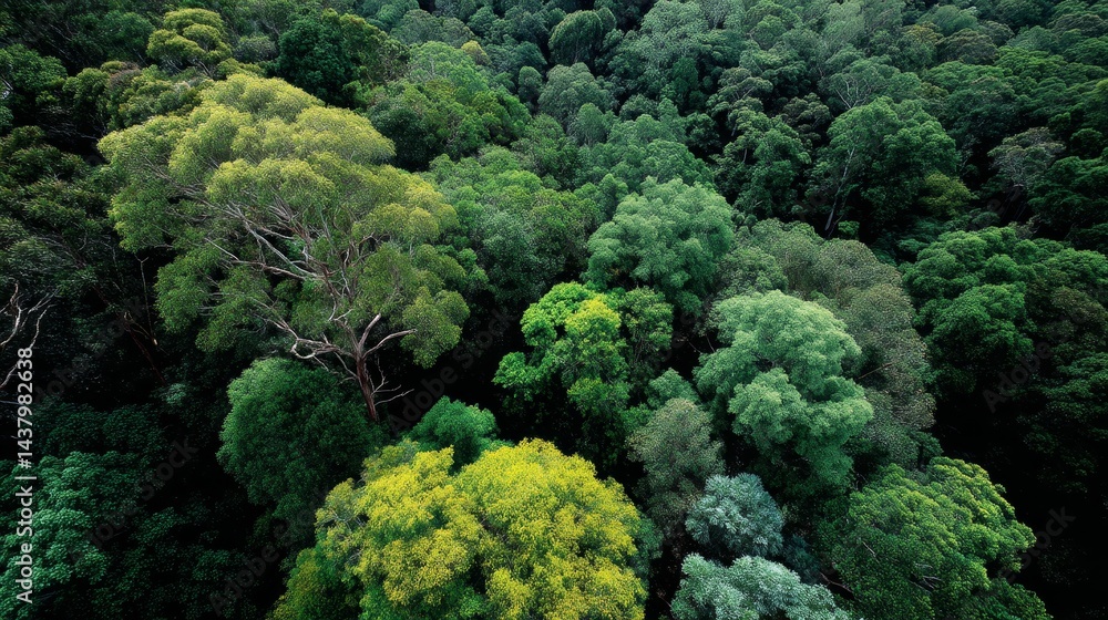 Poster Vibrant emerald and lime green trees create a dense canopy in a forest viewed from above, highlighting the rich biodiversity and sunlight filtering through the leaves