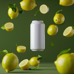 Blank beverage can surrounded by floating lemons on green background, refreshing drink and summer product mockup concept