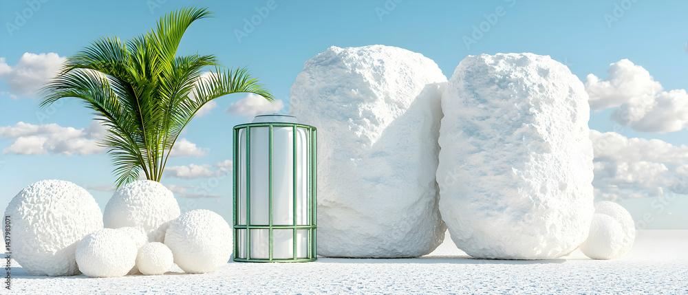 Poster surreal outdoor scene with a palm tree snow-like objects and a green structure suggesting a futurist