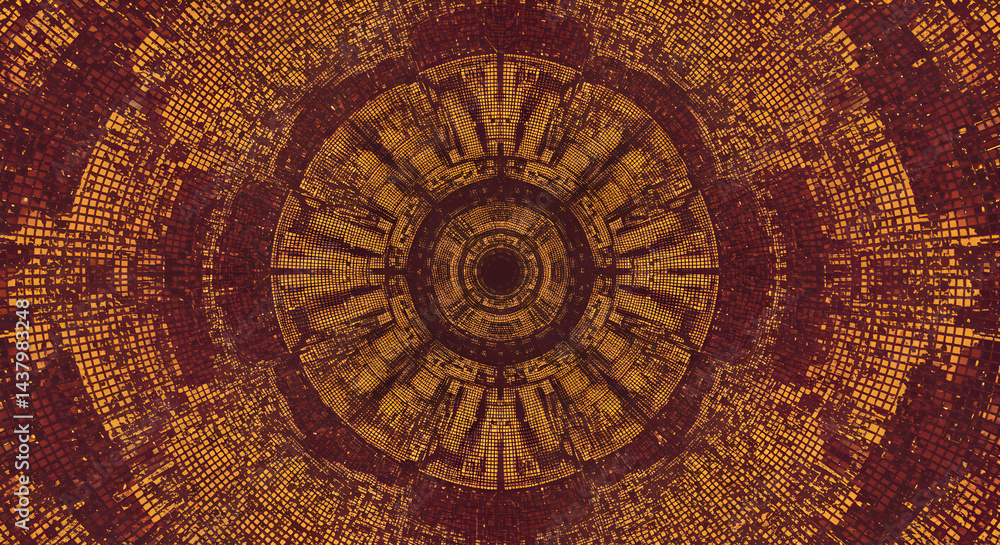 Poster hypnotic circular pattern of intricate pixelated structures in gold and maroon