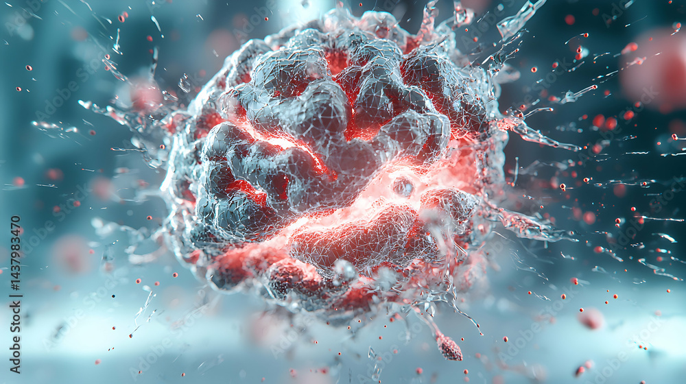 Poster close-up of a cellular structure exploding with light. suggests scientific medical research or abstr