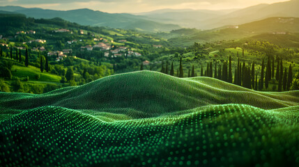 Digital graphs over a green landscape, symbolizing financial analysis for sustainability