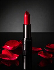 A designer lipstick with a velvet red bullet, standing upright on a reflective black acrylic surface, surrounded by broken rose petals, moody light vignette and sharp high-contrast highlights