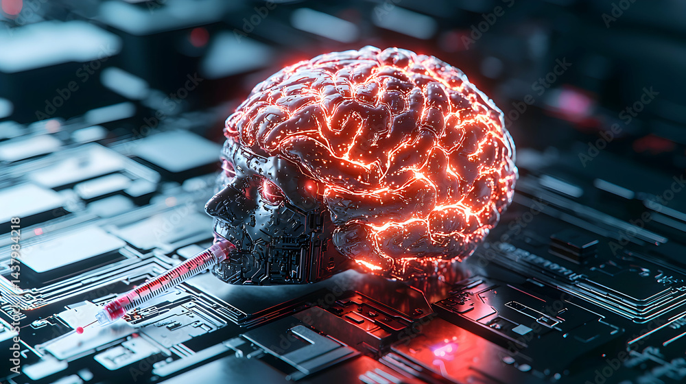 Poster a glowing brain in a cyborg skull is depicted with a syringe. ai and technological concepts. the ima