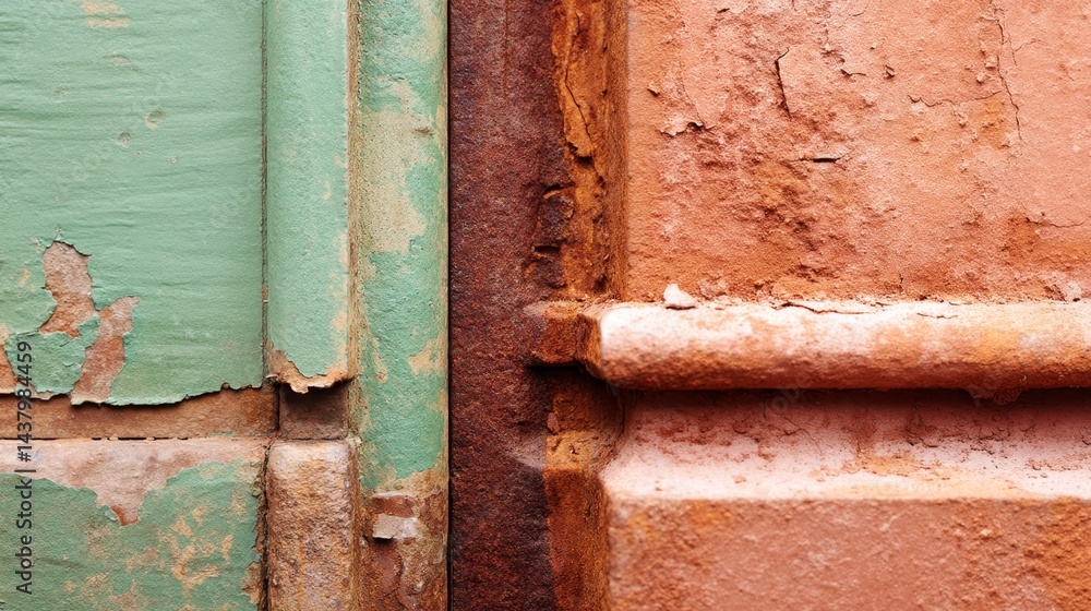 Aufkleber close-up view of a distressed surface featuring rusted iron and peeling paint, capturing gritty text