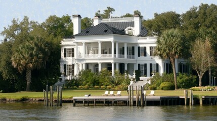 A luxurious white mansion by the water with greenery, a black roof, and palm trees, featuring a dock and spacious porch